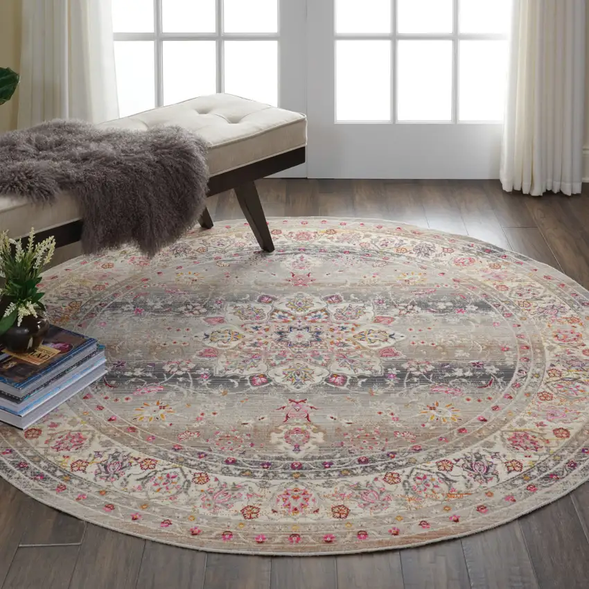 4' Ivory Brown And Gray Floral Distressed Round Rug Photo 6