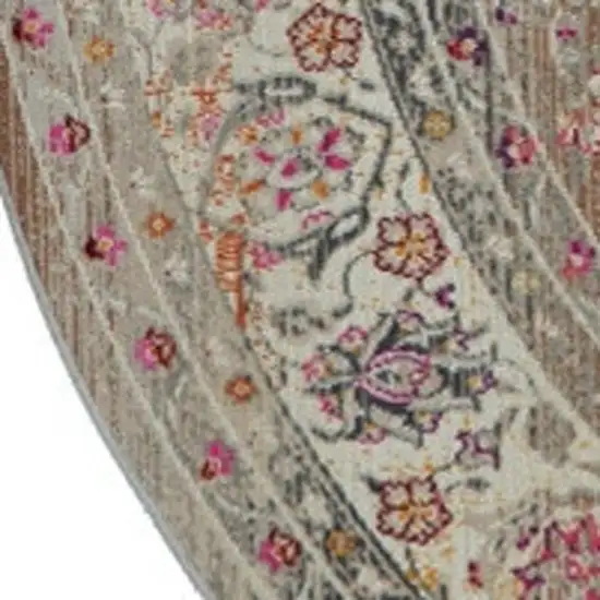 4' Ivory Brown And Gray Floral Distressed Round Rug Photo 8
