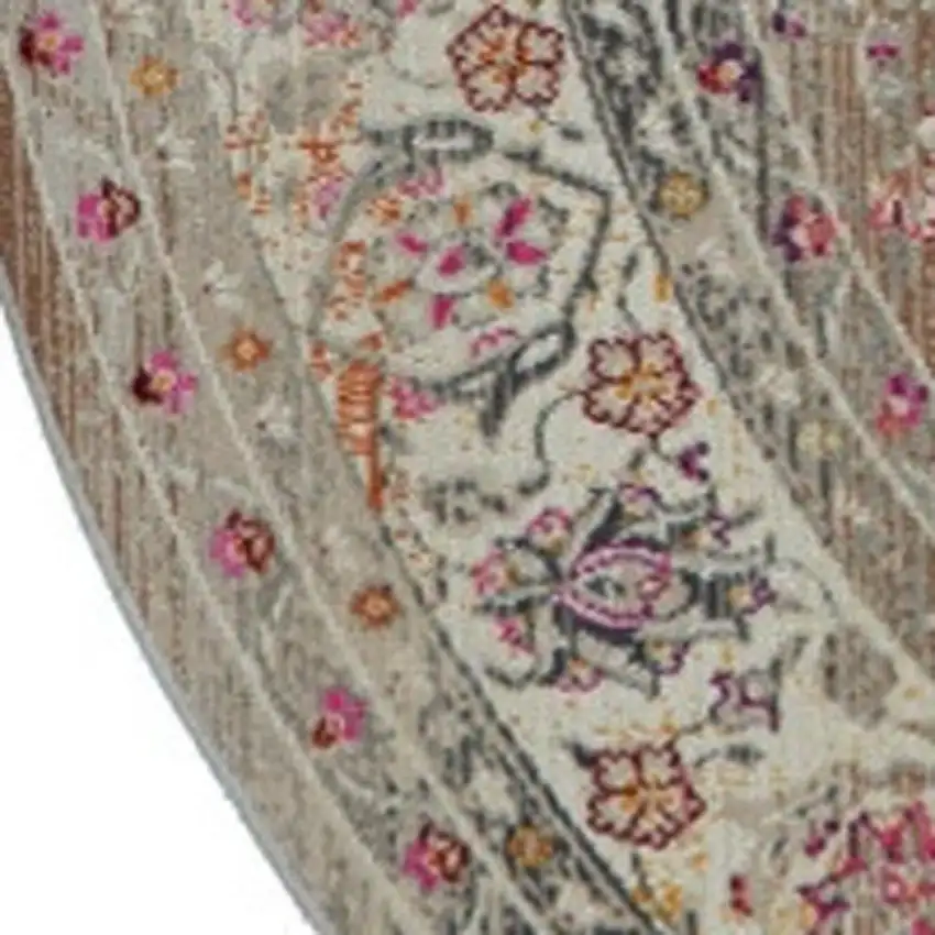 4' Ivory Brown And Gray Floral Distressed Round Rug Photo 8