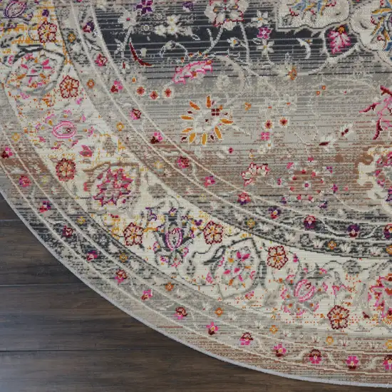 4' Ivory Brown And Gray Floral Distressed Round Rug Photo 9