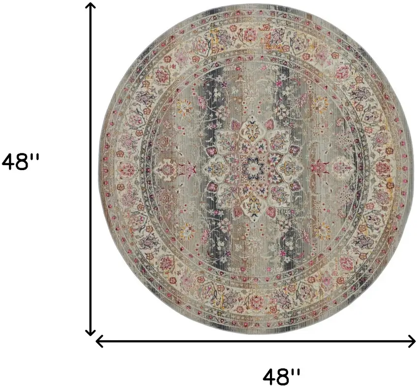 4' Ivory Brown And Gray Floral Distressed Round Rug Photo 3
