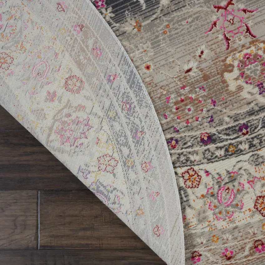4' Ivory Brown And Gray Floral Distressed Round Rug Photo 8