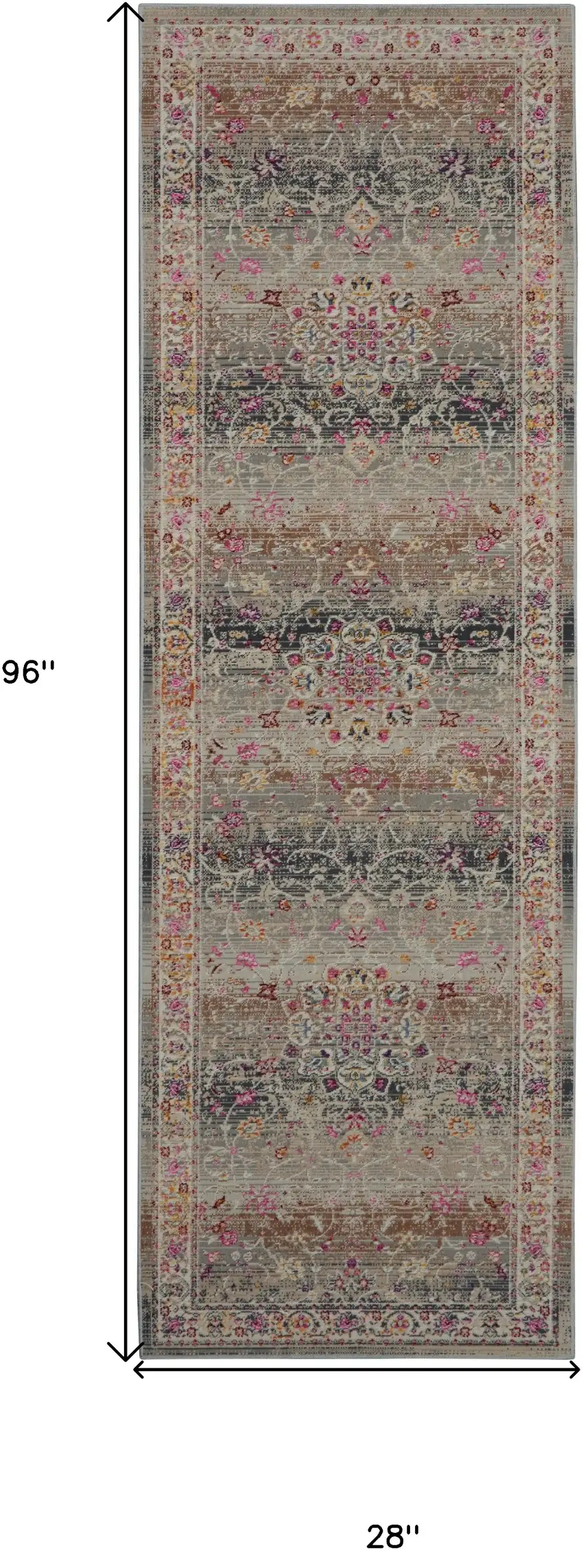 8' Ivory Brown And Gray Floral Distressed Runner Rug Photo 3