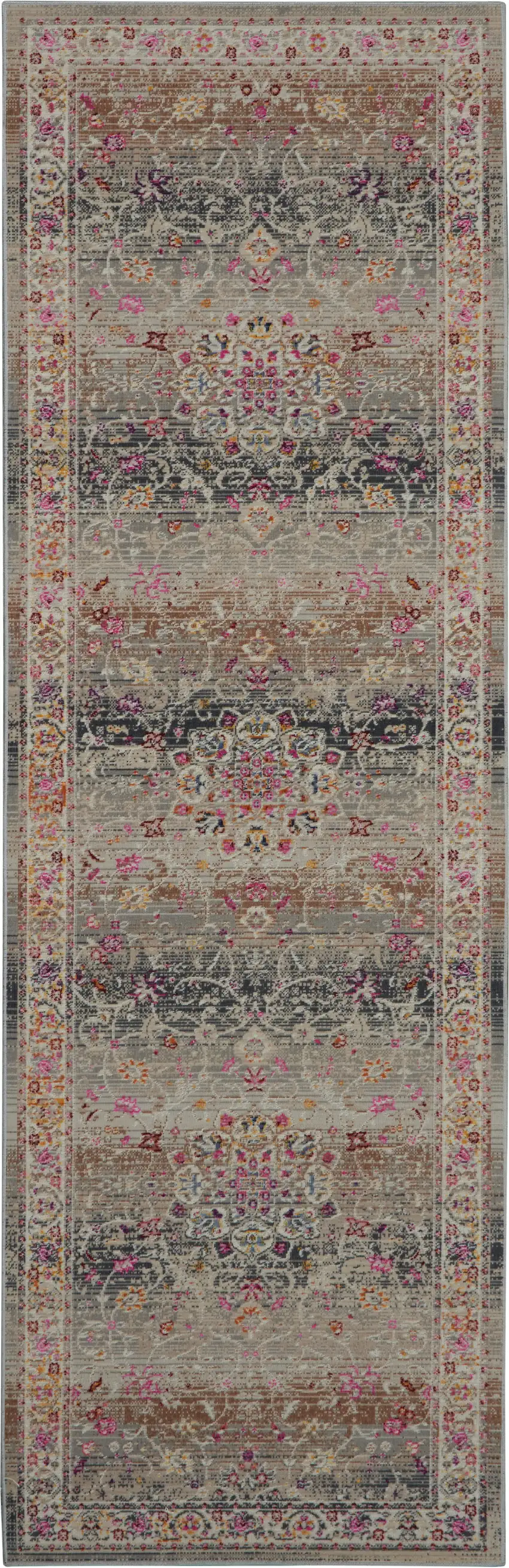 8' Ivory Brown And Gray Floral Distressed Runner Rug Photo 2