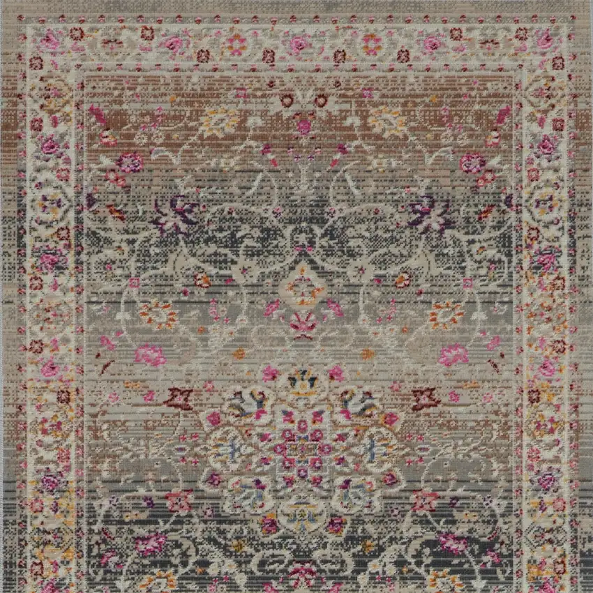 8' Ivory Brown And Gray Floral Distressed Runner Rug Photo 9