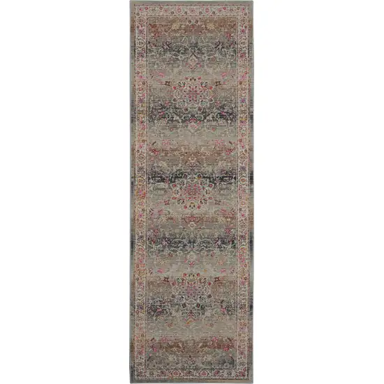 8' Ivory Brown And Gray Floral Distressed Runner Rug Photo 1