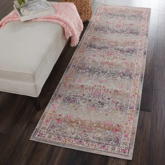 6' Ivory Brown And Gray Floral Distressed Runner Rug Photo 5