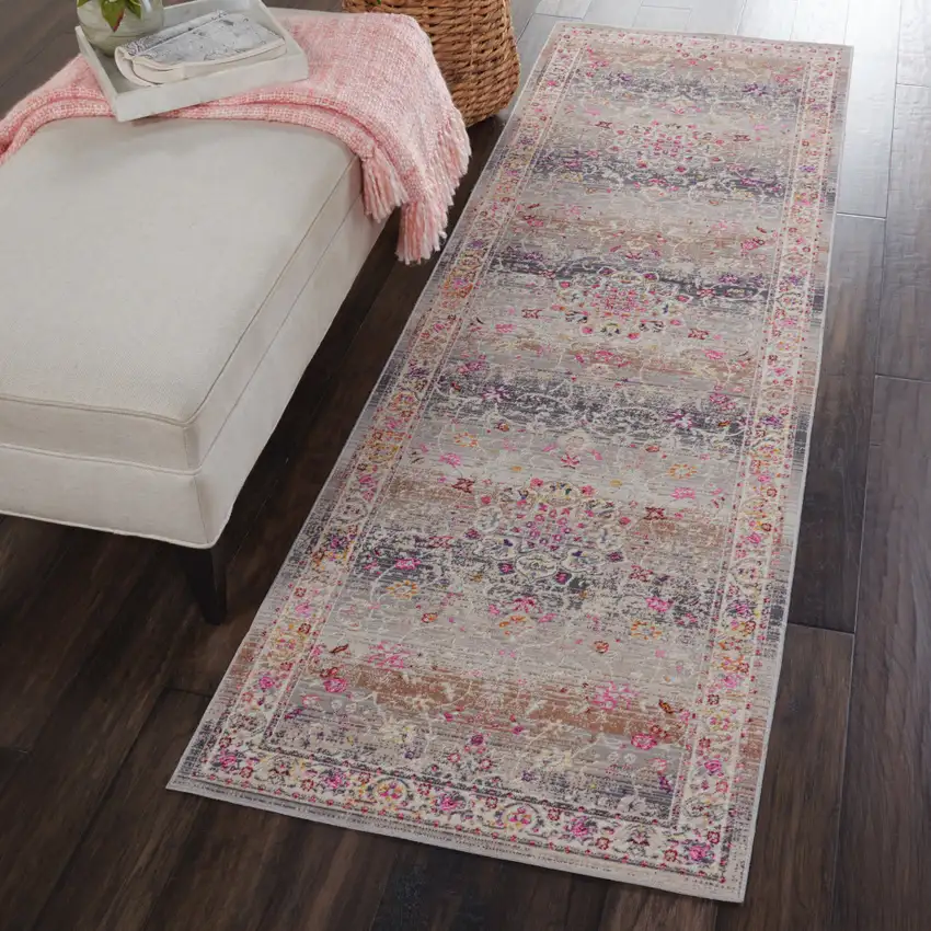 6' Ivory Brown And Gray Floral Distressed Runner Rug Photo 5