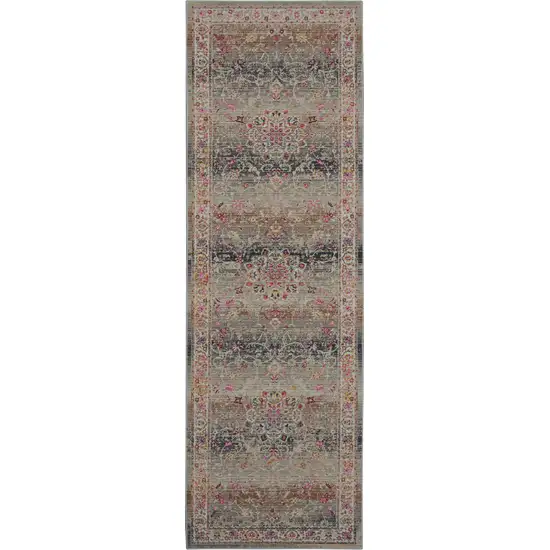 6' Ivory Brown And Gray Floral Distressed Runner Rug Photo 2
