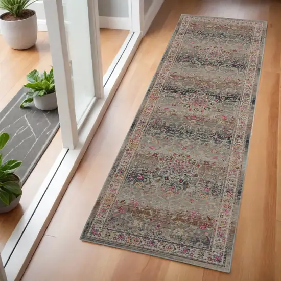6' Ivory Brown And Gray Floral Distressed Runner Rug Photo 1