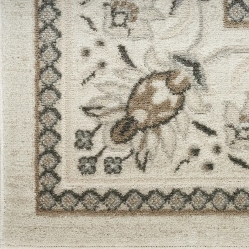 8' Ivory Brown And Gray Floral Runner Rug Photo 7