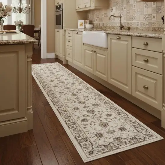 8' Ivory Brown And Gray Floral Runner Rug Photo 1