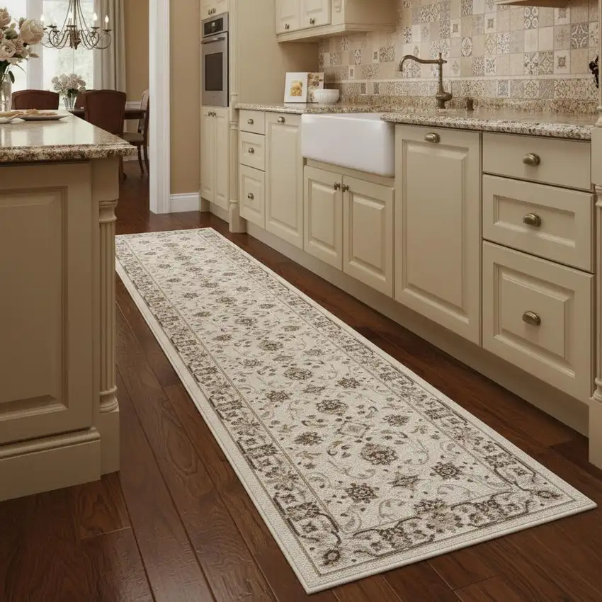 8' Ivory Brown And Gray Floral Runner Rug Photo 1