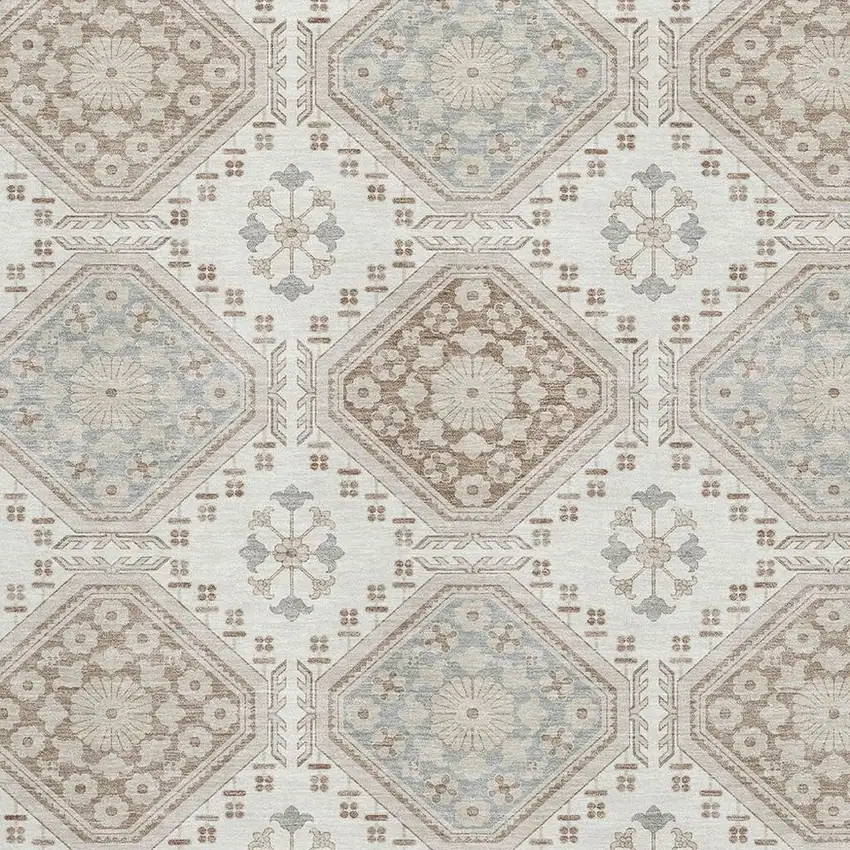 8' Ivory Brown And Gray Floral Washable Area Rug With UV Protection Photo 2