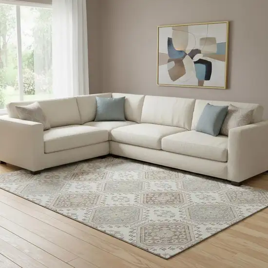 8' Ivory Brown And Gray Floral Washable Area Rug With UV Protection Photo 2