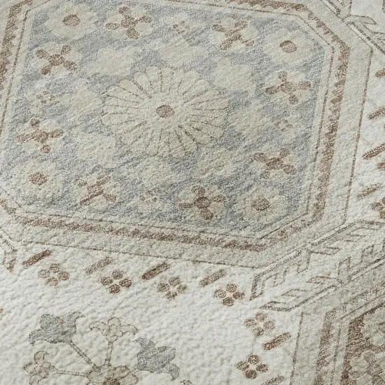 8' Ivory Brown And Gray Floral Washable Area Rug With UV Protection Photo 9