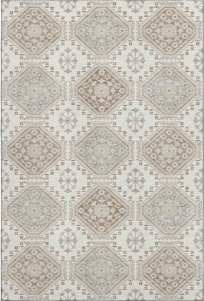 8' Ivory Brown And Gray Floral Washable Area Rug With UV Protection Photo 1