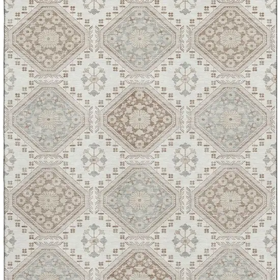 8' Ivory Brown And Gray Floral Washable Area Rug With UV Protection Photo 3