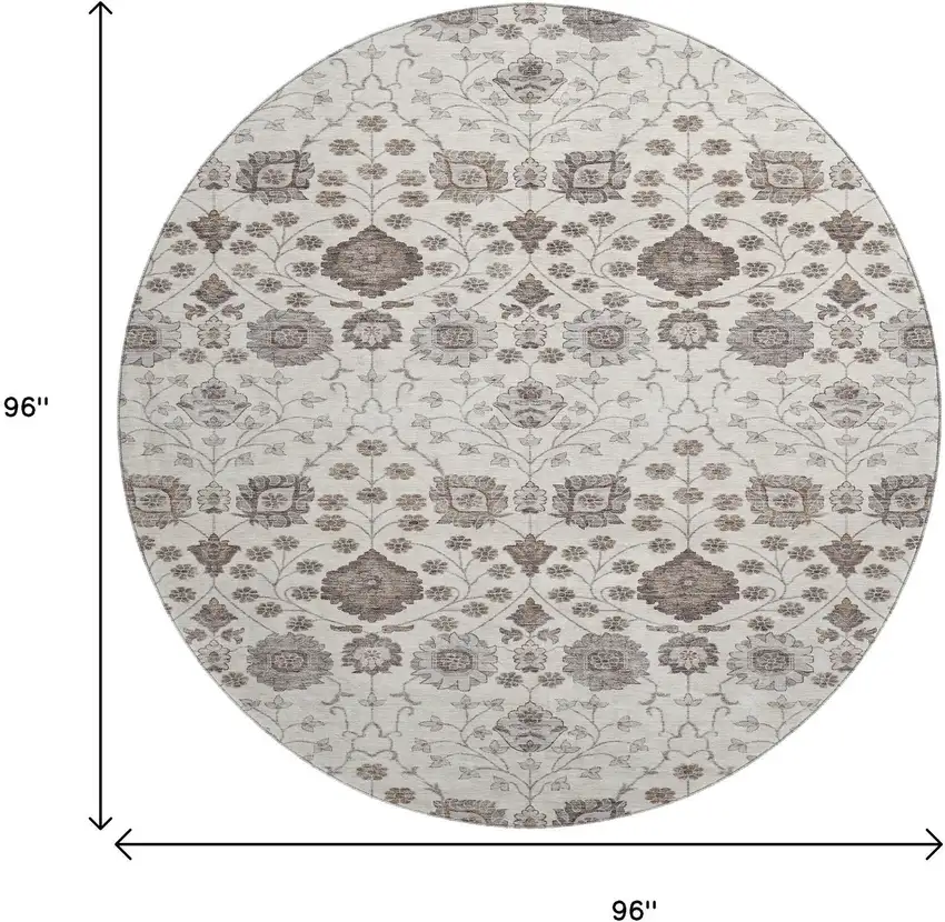 8' Ivory Brown And Gray Floral Washable Round Rug With UV Protection Photo 9
