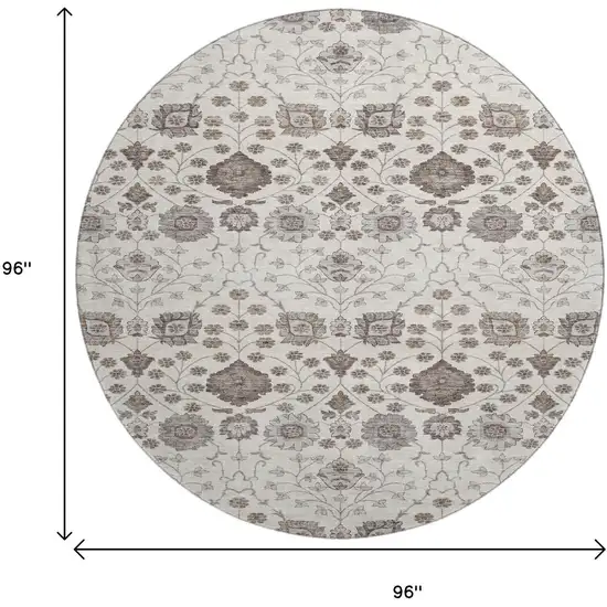 8' Ivory Brown And Gray Floral Washable Round Rug With UV Protection Photo 9