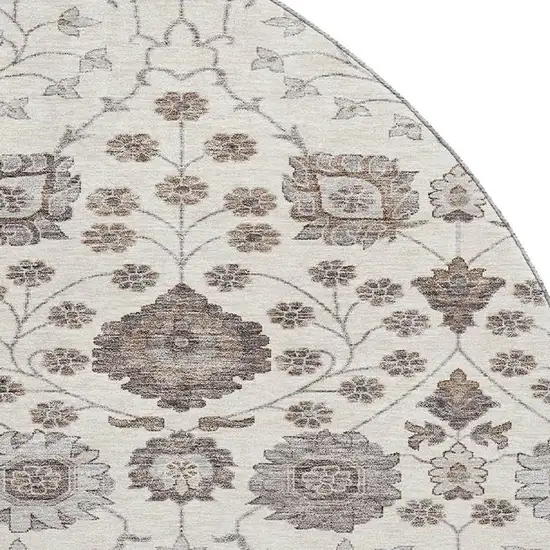 8' Ivory Brown And Gray Floral Washable Round Rug With UV Protection Photo 2