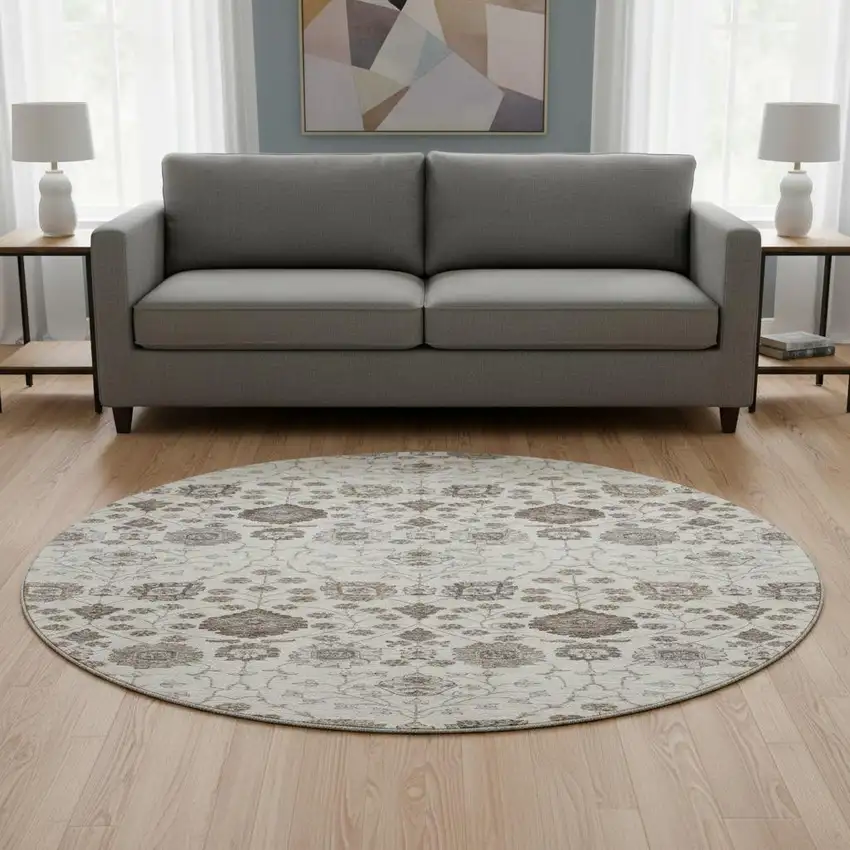 8' Ivory Brown And Gray Floral Washable Round Rug With UV Protection Photo 2
