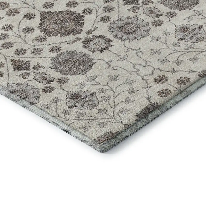 8' Ivory Brown And Gray Floral Washable Round Rug With UV Protection Photo 6