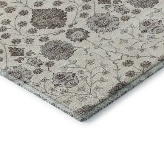 8' Ivory Brown And Gray Floral Washable Round Rug With UV Protection Photo 6