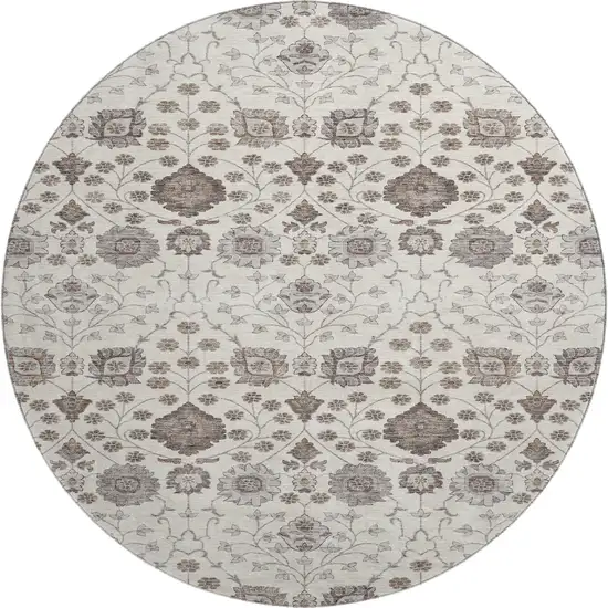 8' Ivory Brown And Gray Floral Washable Round Rug With UV Protection Photo 1
