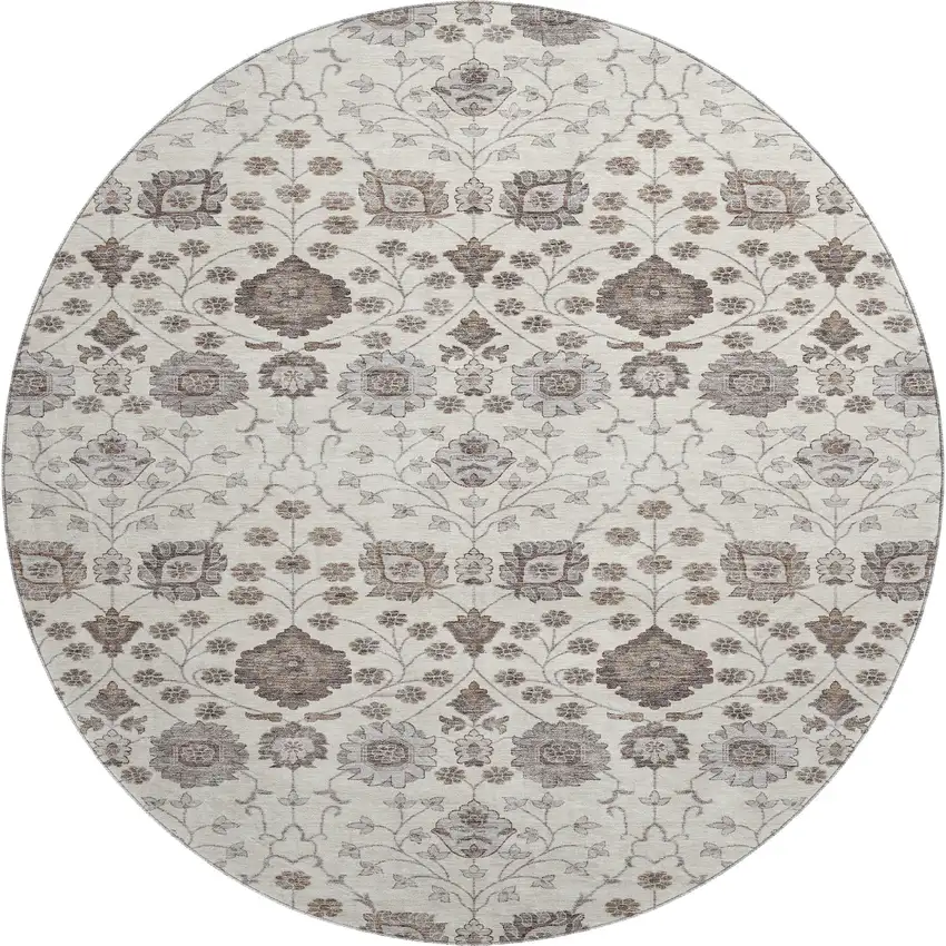 8' Ivory Brown And Gray Floral Washable Round Rug With UV Protection Photo 1