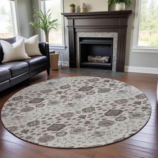 8' Ivory Brown And Gray Floral Washable Round Rug With UV Protection Photo 4