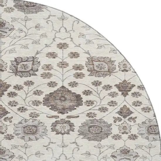 8' Ivory Brown And Gray Floral Washable Round Rug With UV Protection Photo 3