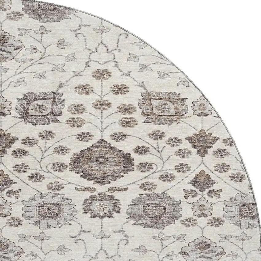 8' Ivory Brown And Gray Floral Washable Round Rug With UV Protection Photo 3