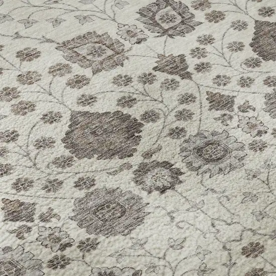 8' Ivory Brown And Gray Floral Washable Round Rug With UV Protection Photo 8