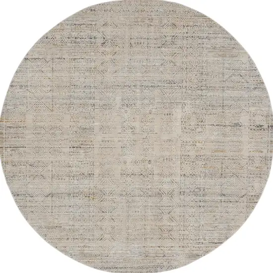 8' Ivory Brown And Gray Geometric Distressed Round Rug With Fringe Photo 2