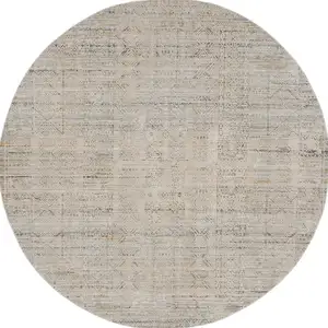 Photo of 8' Ivory Brown And Gray Geometric Distressed Round Rug With Fringe