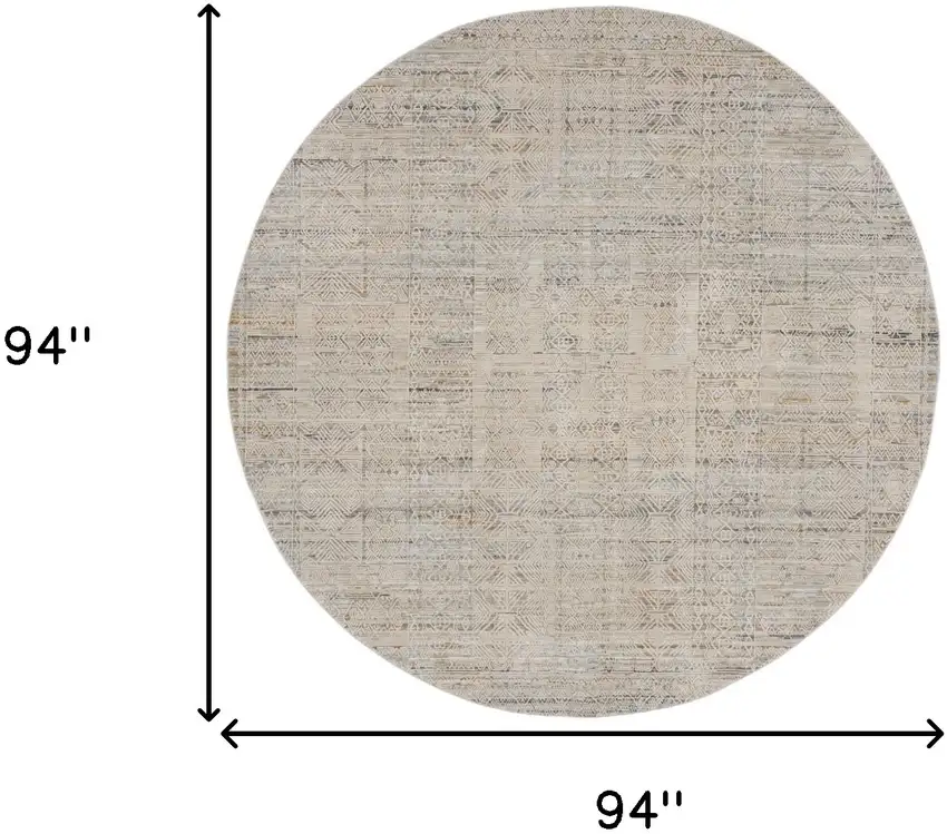 8' Ivory Brown And Gray Geometric Distressed Round Rug With Fringe Photo 3