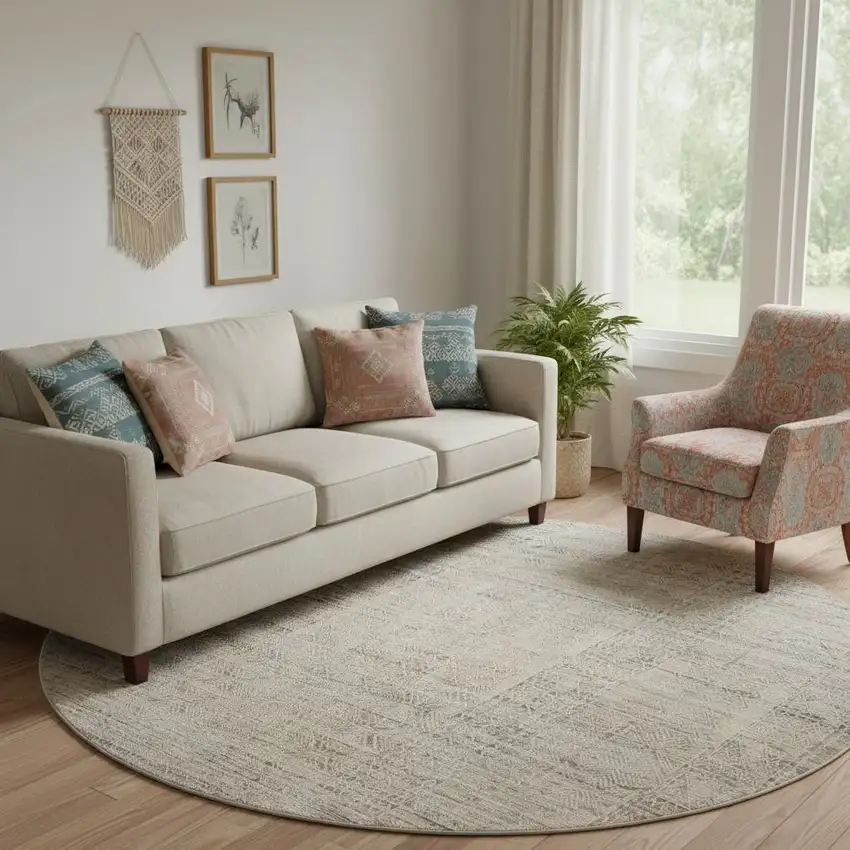 8' Ivory Brown And Gray Geometric Distressed Round Rug With Fringe Photo 1