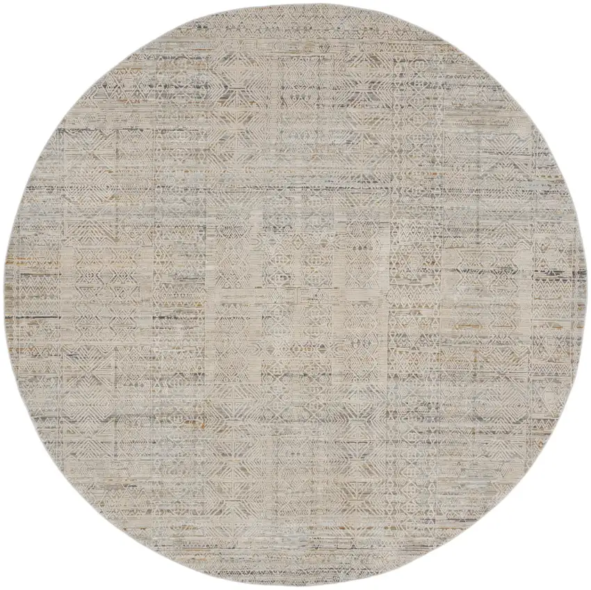 8' Ivory Brown And Gray Geometric Distressed Round Rug With Fringe Photo 4