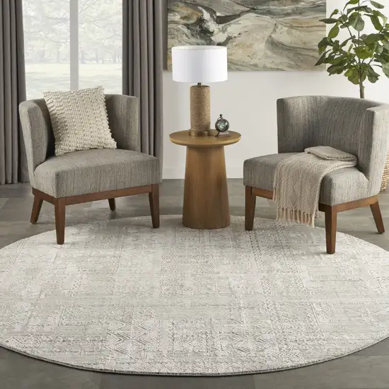 8' Ivory Brown And Gray Geometric Distressed Round Rug With Fringe Photo 7