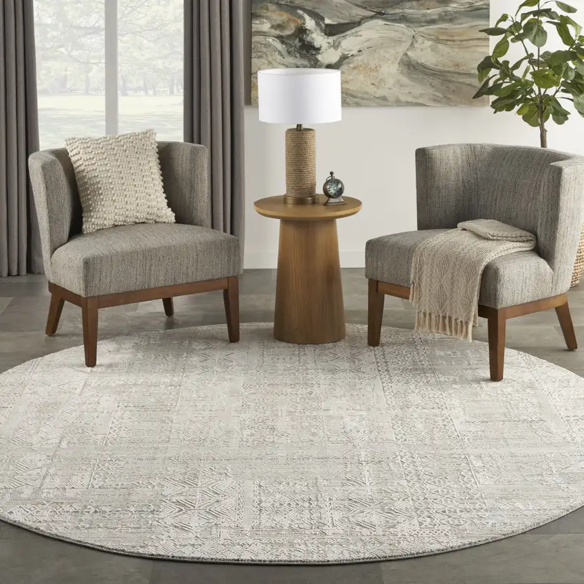 8' Ivory Brown And Gray Geometric Distressed Round Rug With Fringe Photo 7