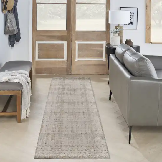 8' Ivory Brown And Gray Geometric Distressed Runner Rug With Fringe Photo 5