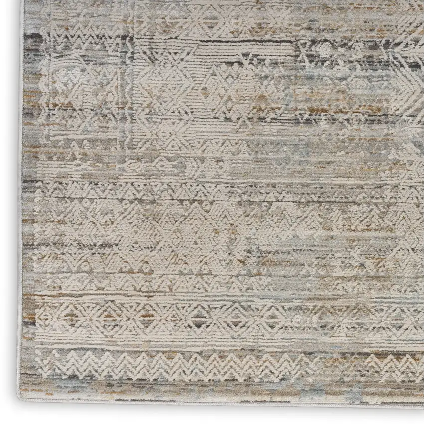 8' Ivory Brown And Gray Geometric Distressed Runner Rug With Fringe Photo 9