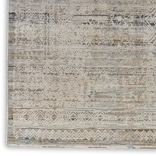 8' Ivory Brown And Gray Geometric Distressed Runner Rug With Fringe Photo 9