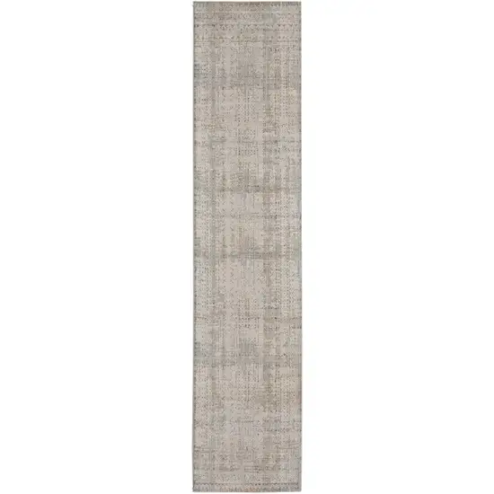 8' Ivory Brown And Gray Geometric Distressed Runner Rug With Fringe Photo 2