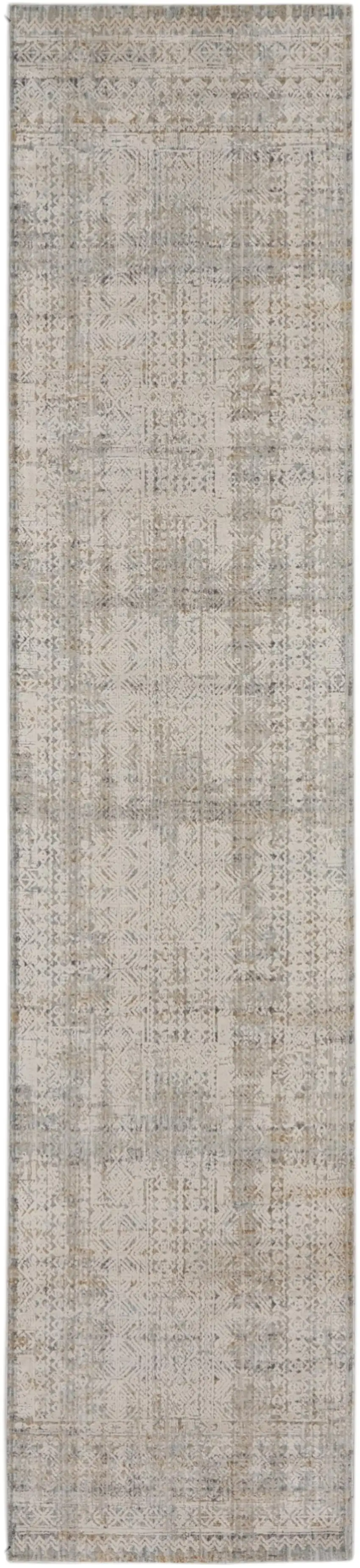 8' Ivory Brown And Gray Geometric Distressed Runner Rug With Fringe Photo 2
