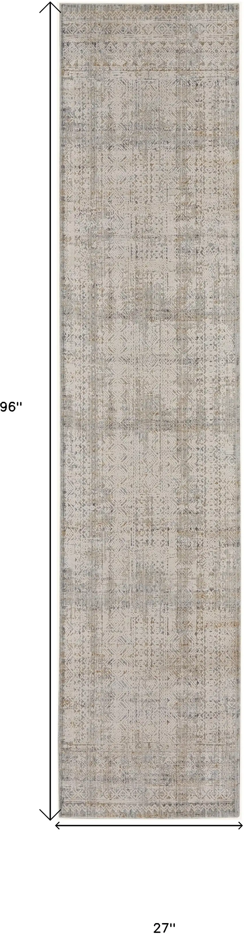 8' Ivory Brown And Gray Geometric Distressed Runner Rug With Fringe Photo 3