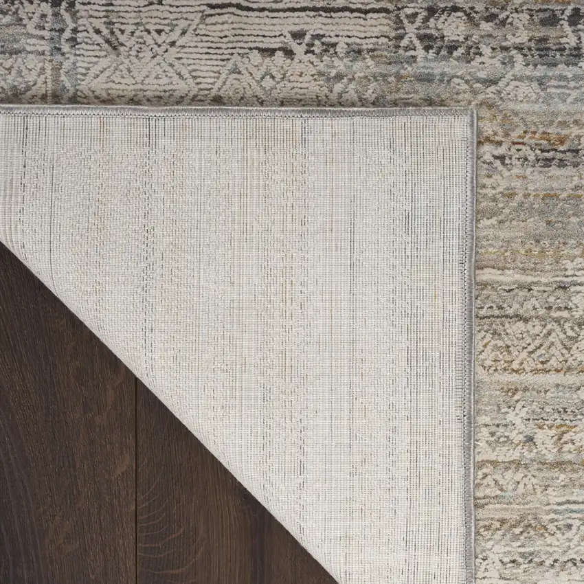 8' Ivory Brown And Gray Geometric Distressed Runner Rug With Fringe Photo 9
