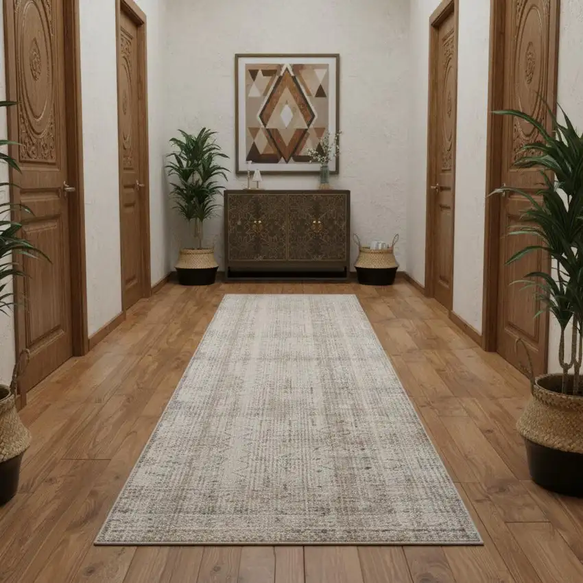 10' Ivory Brown And Gray Geometric Distressed Runner Rug With Fringe Photo 1