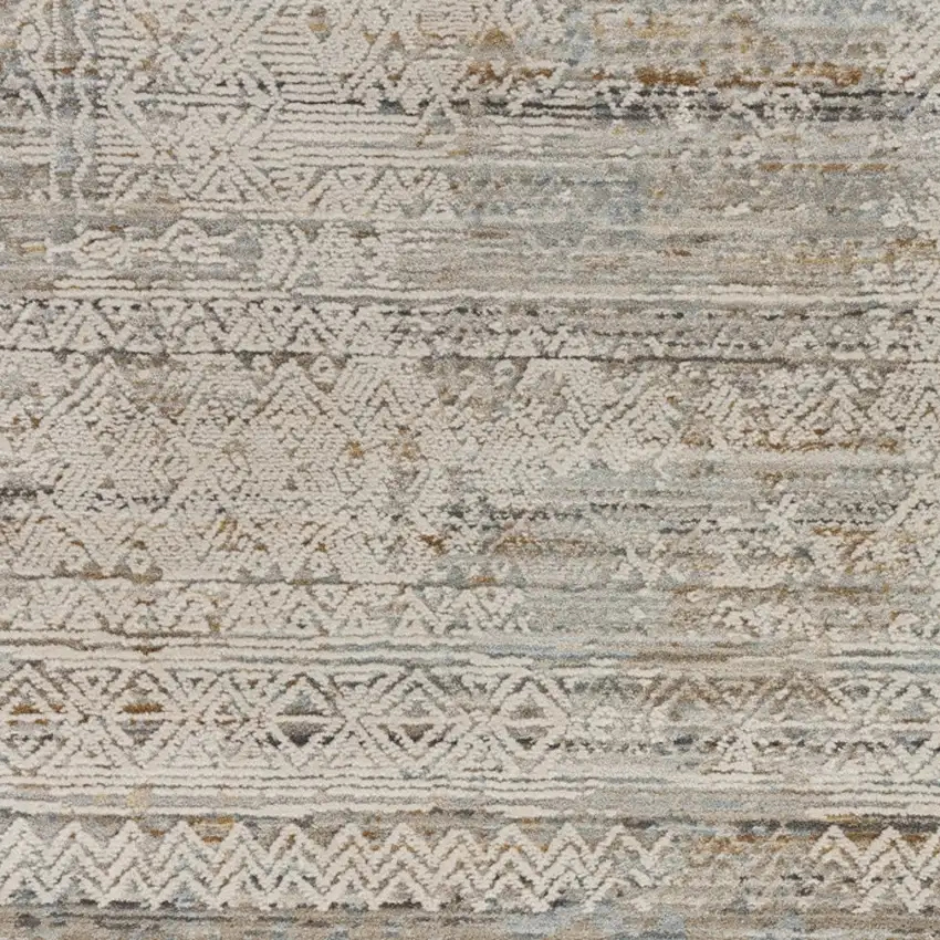 10' Ivory Brown And Gray Geometric Distressed Runner Rug With Fringe Photo 6